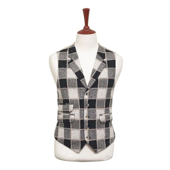 Mens Tweed Wool Vest 44R Black Beige Plaid Waistcoat XL Western Casual Preppy